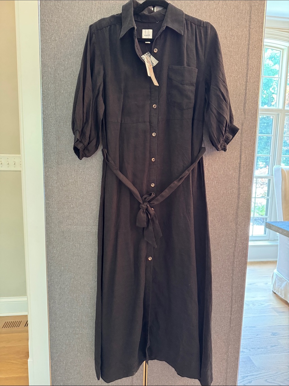 Maeve Button-Front Black Linen Shirt Dress with Waist Tie